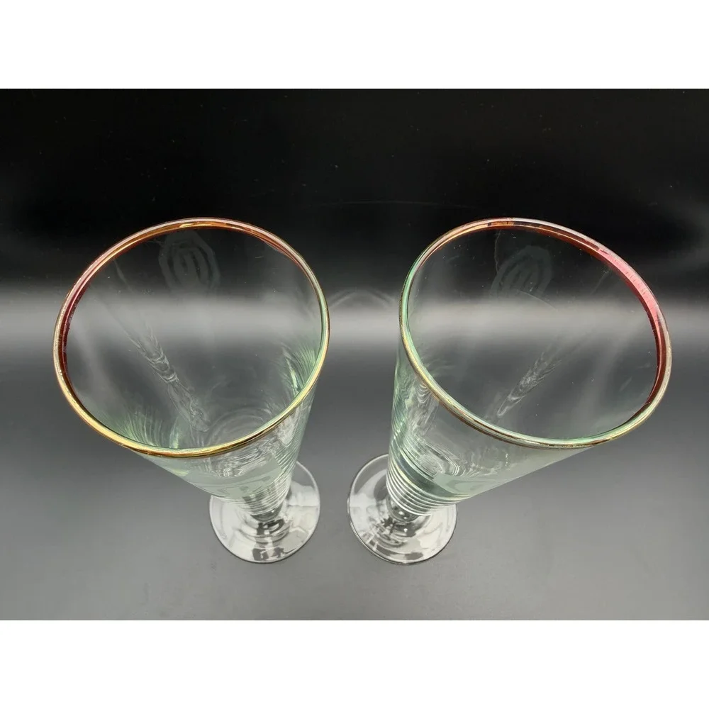 Vintage Set of 2‎ Etched Logo Pilsner Glasses w Gold Rim Footed Beer Glass T015